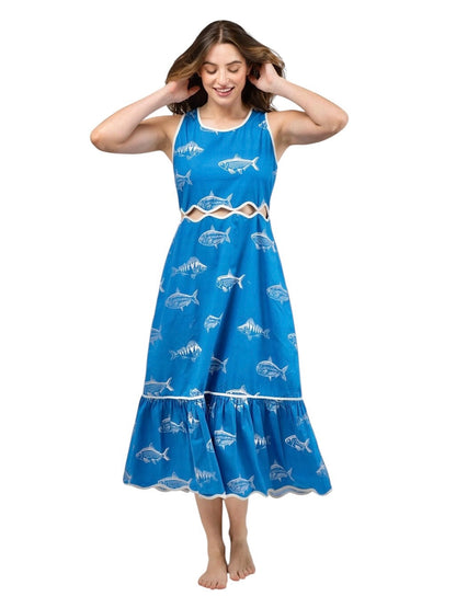 Lina Fish Print Dress in blue by Beau & Ro