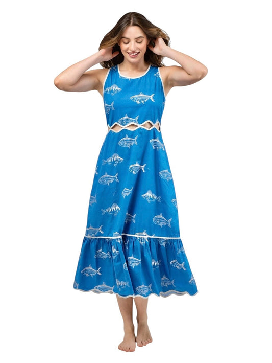 Lina Fish Print Dress in blue by Beau & Ro