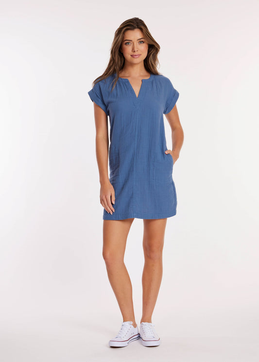 Roll Up Short Dolman Sleeve Shift Dress in pacific blue by Mododoc