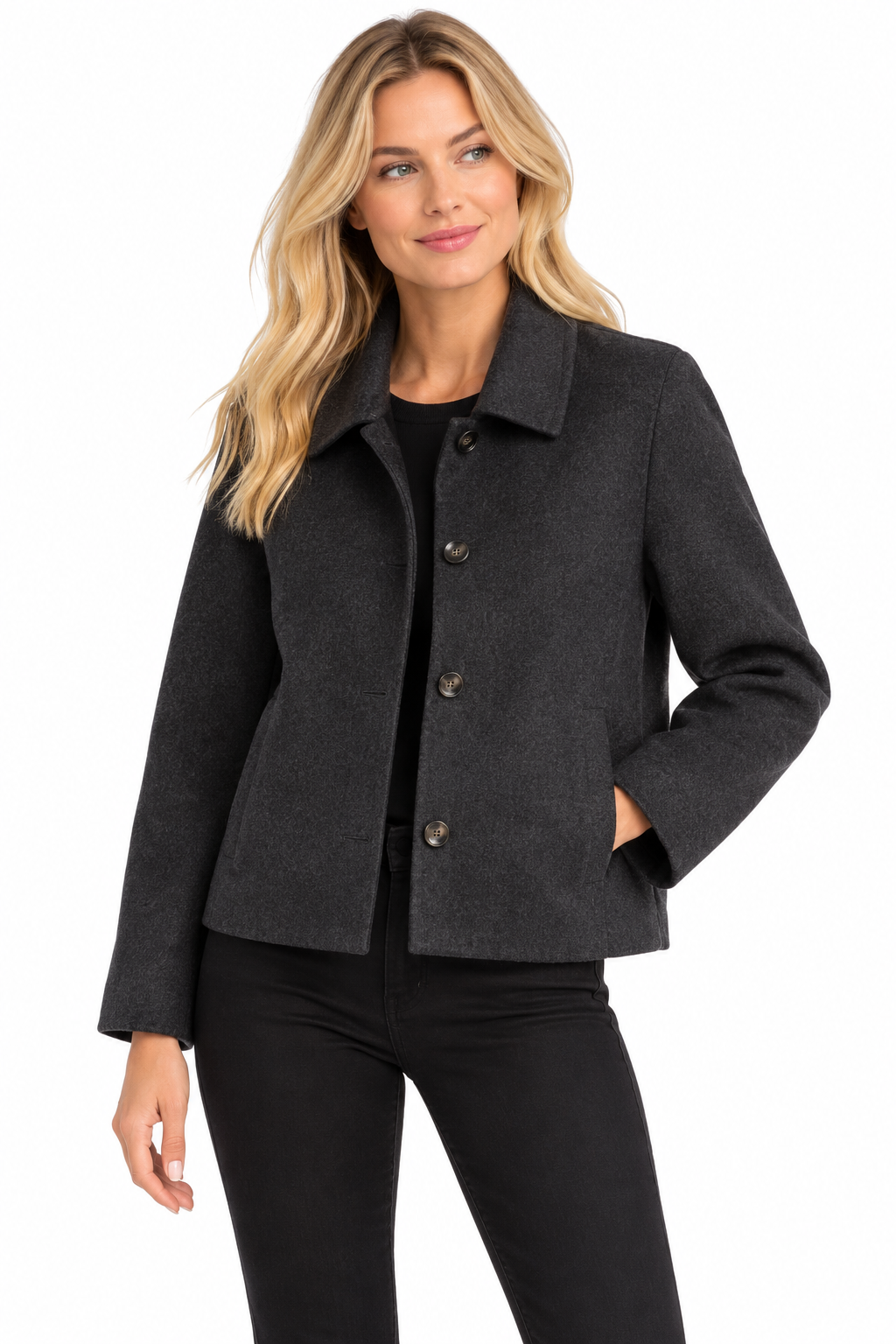 Clara Fur-Trimmed Melton Coat in black by Dylan