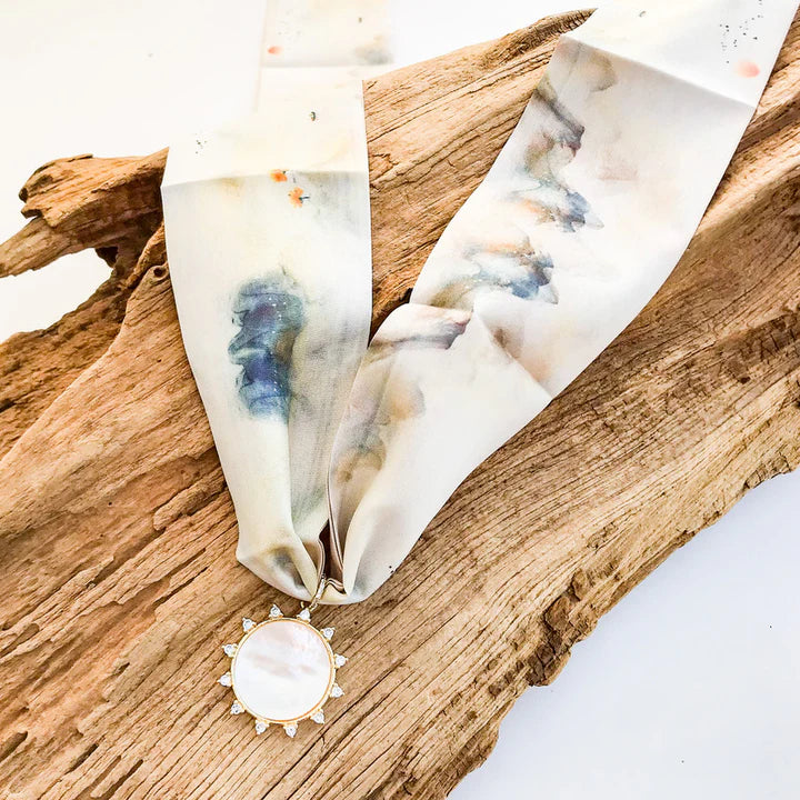 Gemstone Sun Pendant on Scarf Necklace in sunset watercolor/white by Virtue