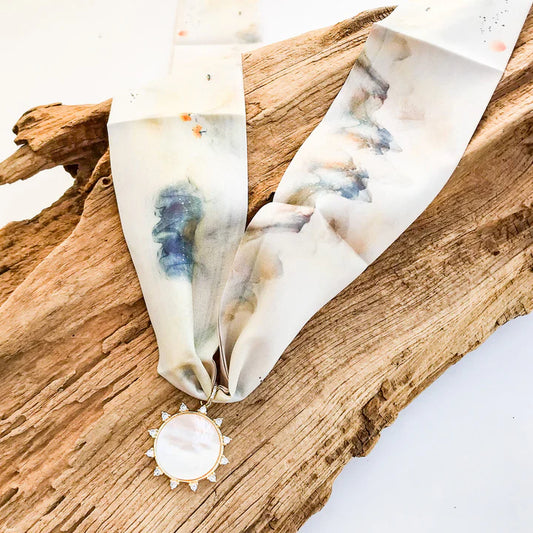 Gemstone Sun Pendant on Scarf Necklace in sunset watercolor/white by Virtue
