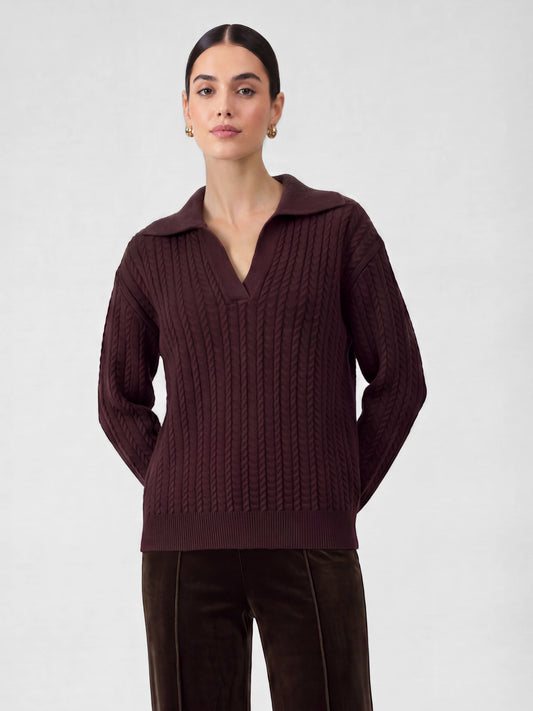 Open Collar Pullover Cable Knit Sweater in cherry lacquer by Current Air