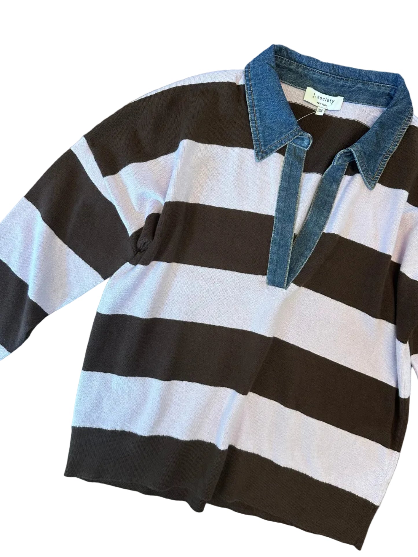 A long-sleeve knit top with bold brown and purple horizontal stripes, styled with a denim collar attached at the neckline