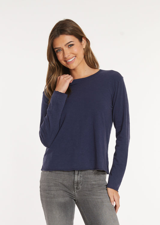 Long Sleeve Crop Boxy Crew Tee in vibrant navy by Mododoc