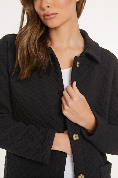 Quilted Long Sleeve Cardigan with Buttons in black by Mododoc