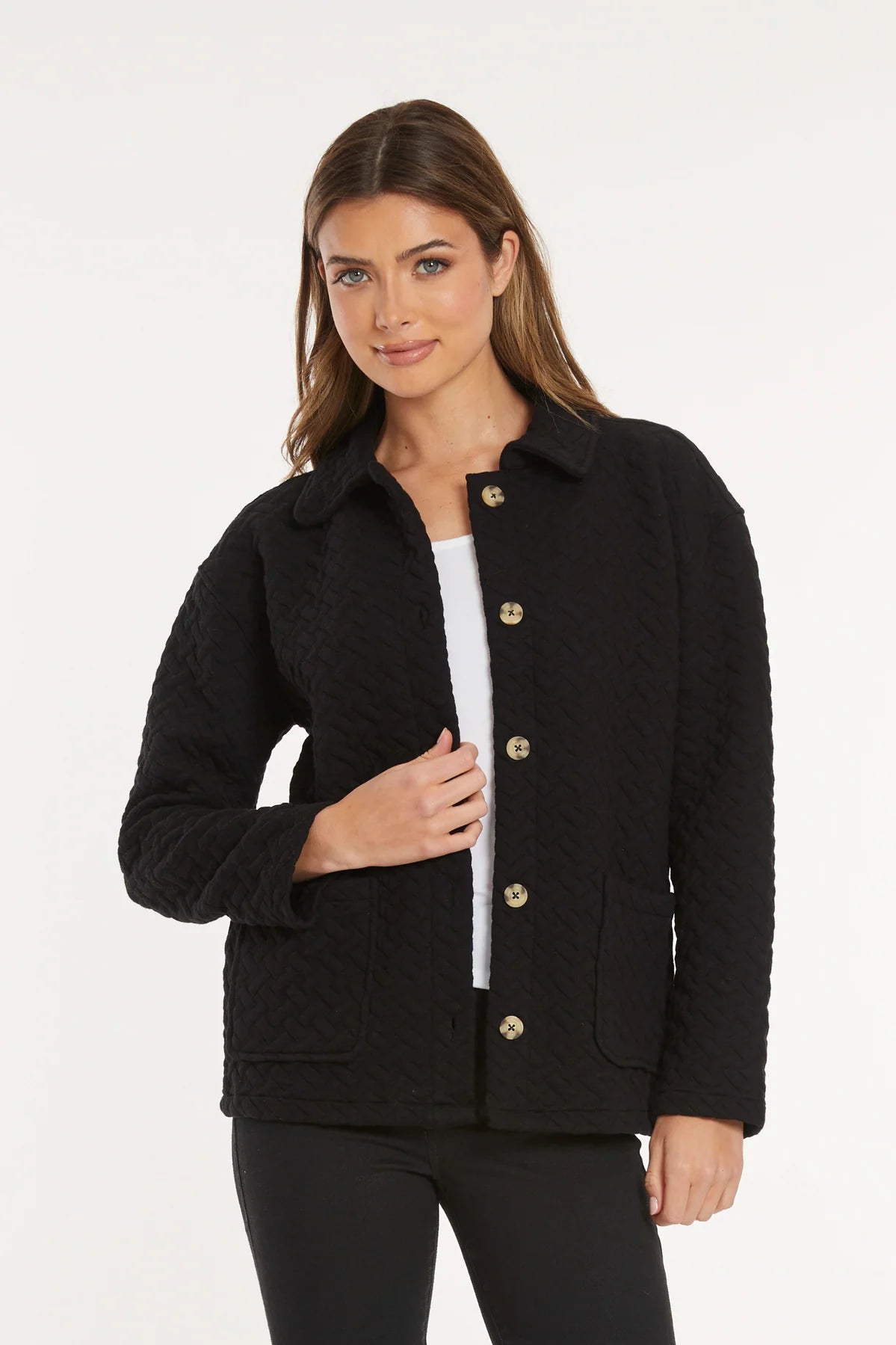 Quilted Long Sleeve Cardigan with Buttons in black by Mododoc