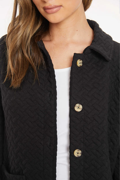 Quilted Long Sleeve Cardigan with Buttons in black by Mododoc