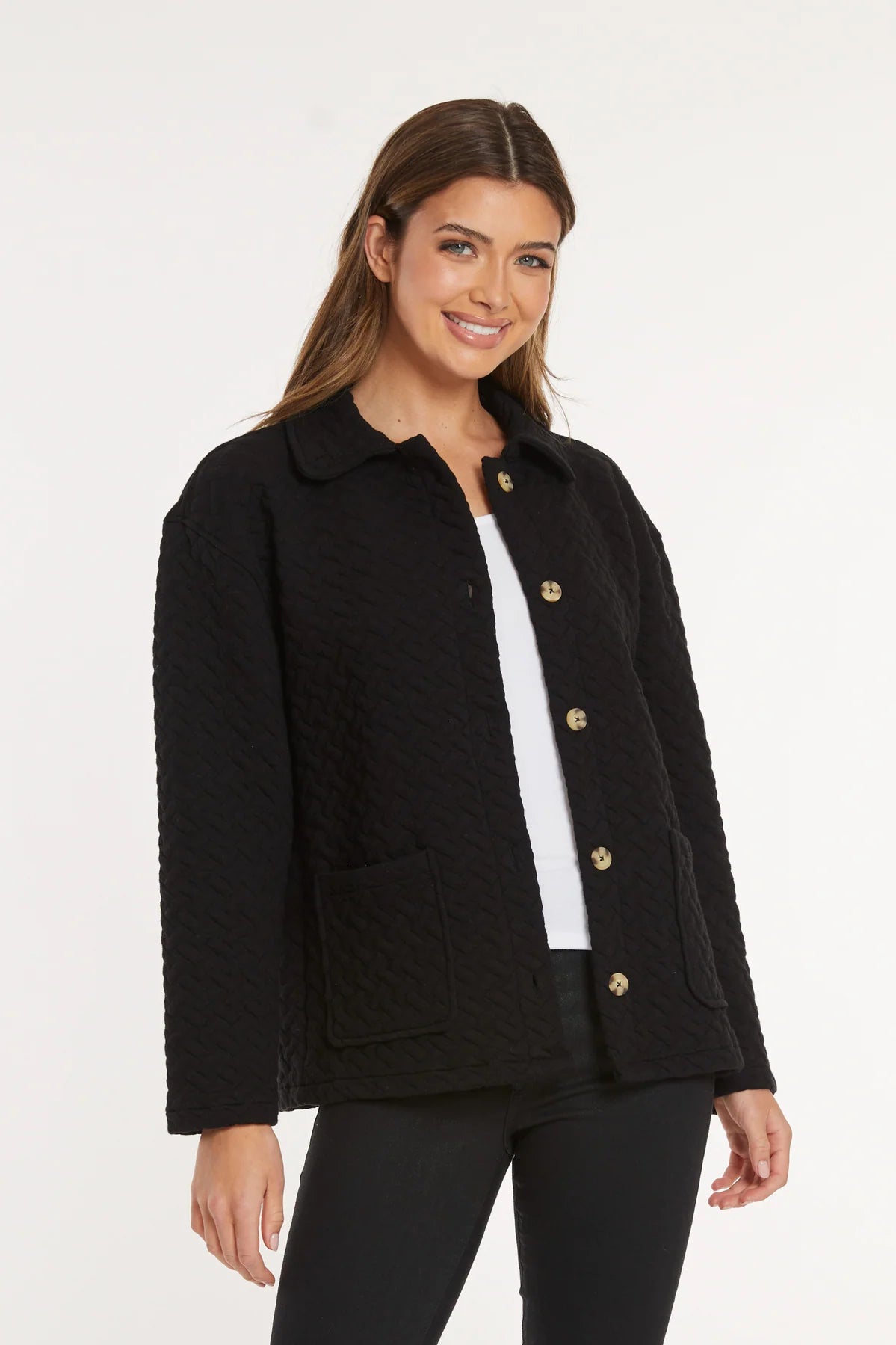 Quilted Long Sleeve Cardigan with Buttons in black by Mododoc
