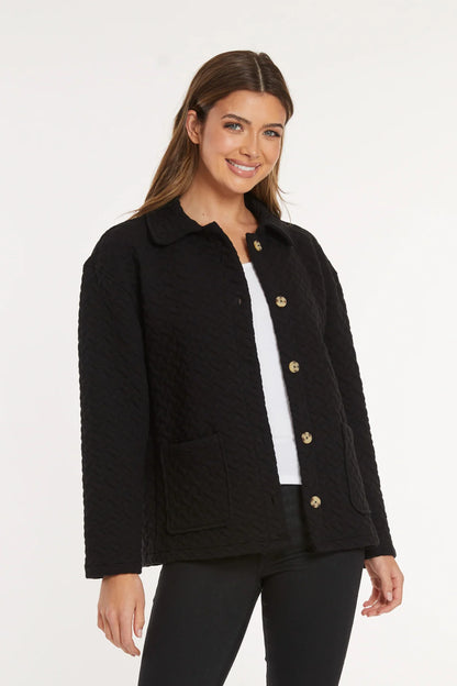 Quilted Long Sleeve Cardigan with Buttons in black by Mododoc