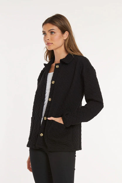 Quilted Long Sleeve Cardigan with Buttons in black by Mododoc