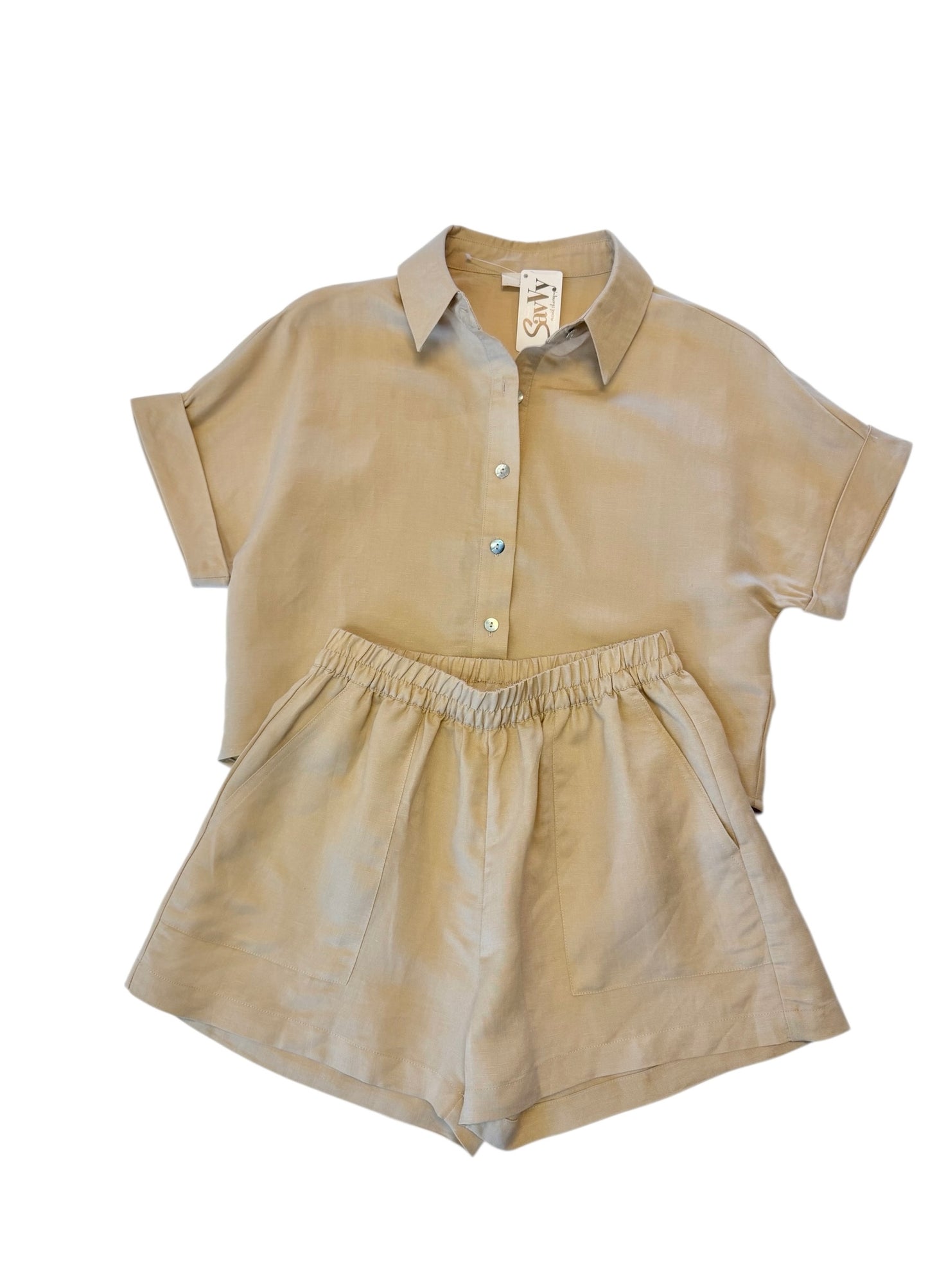 Short Sleeve Button Down Top in oatmeal by Elan
