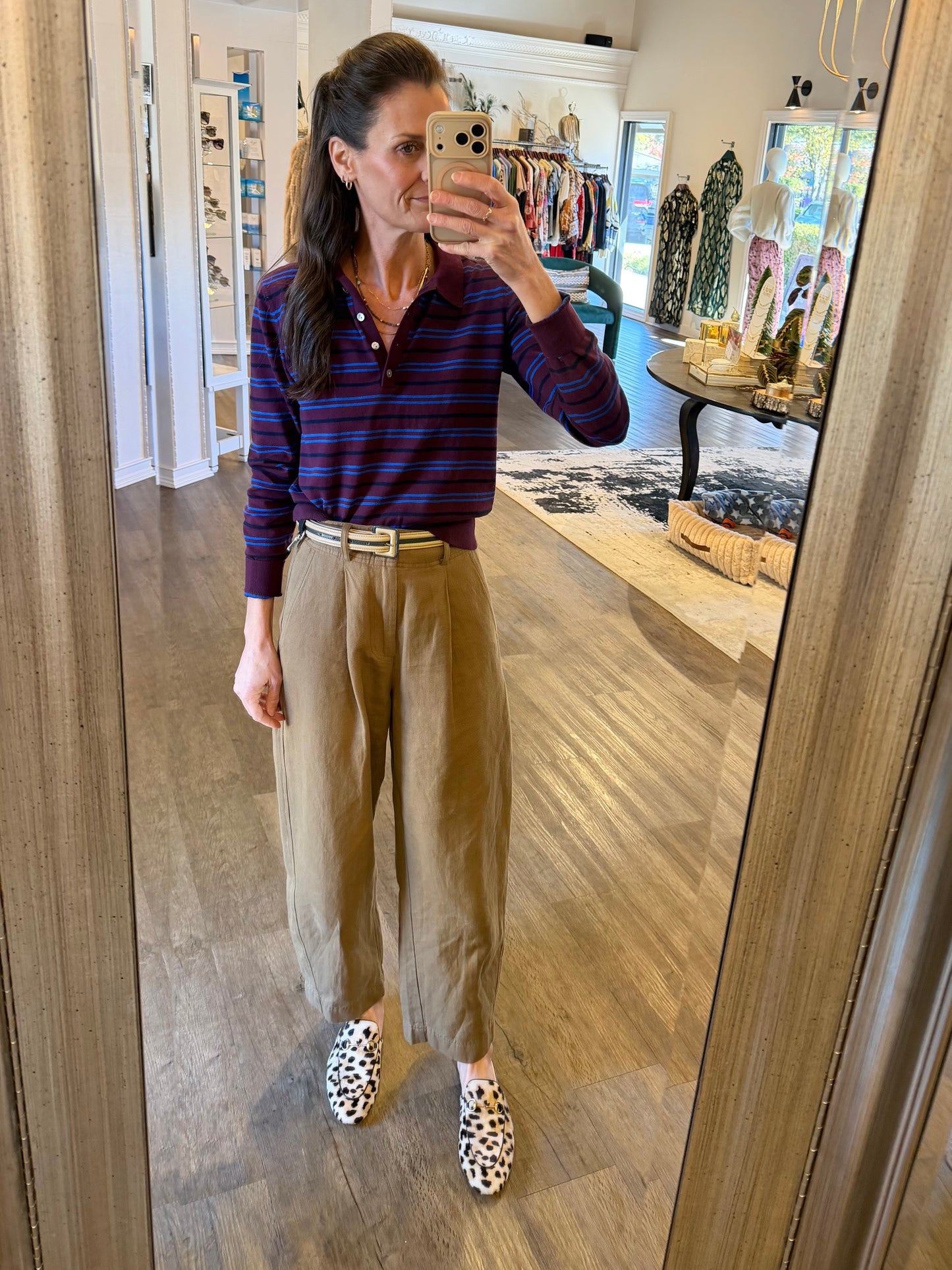 Greta Long Sleeve Stripe Polo Sweater in claret azure by Pistola