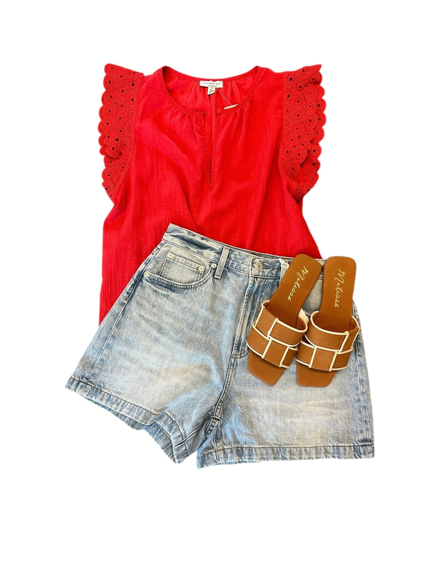 Lace Sleeve Detail Solid Top in red by Current Air