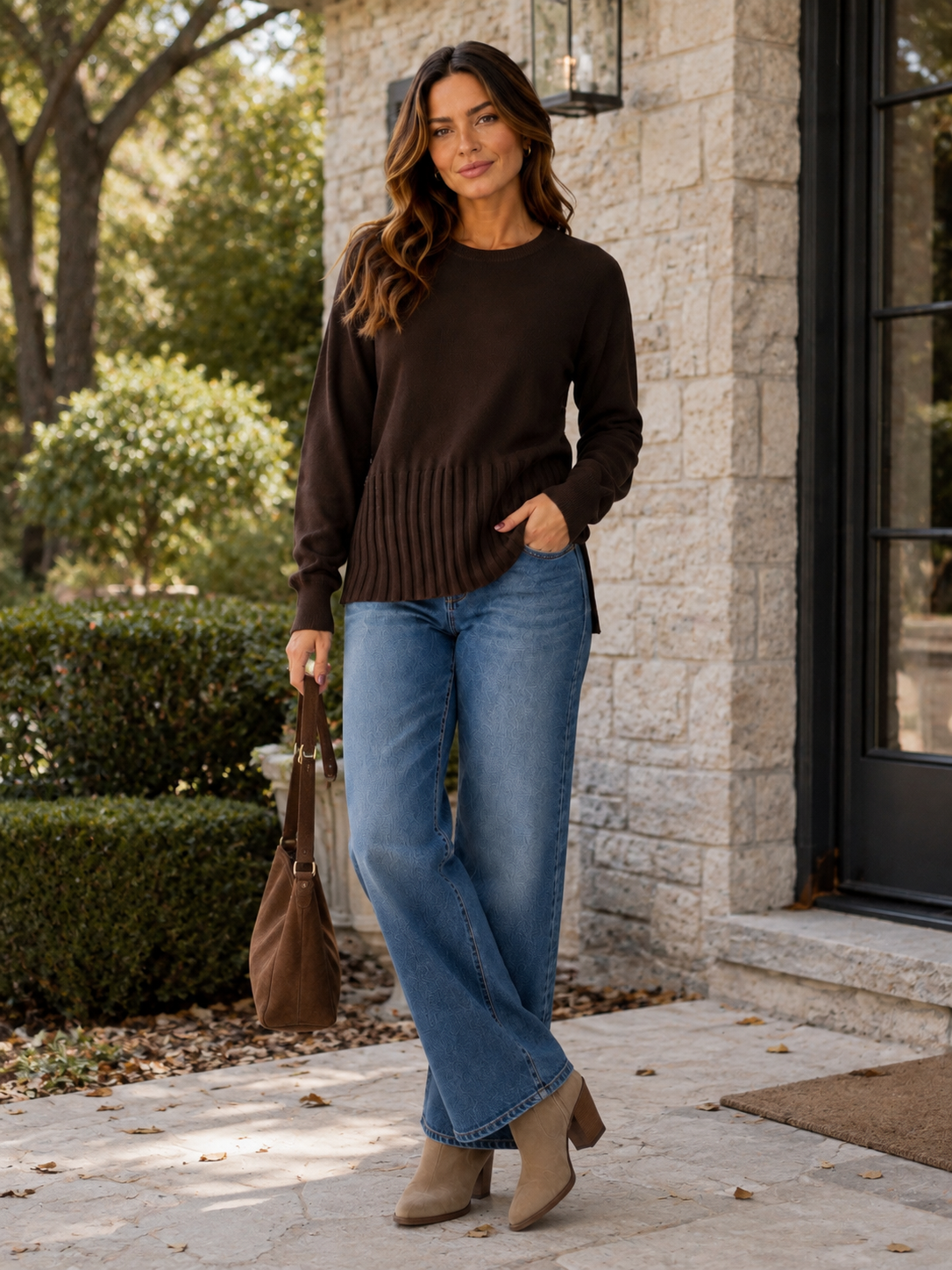 Rib Bottom Crew Sweater in coffee bean by J.Society