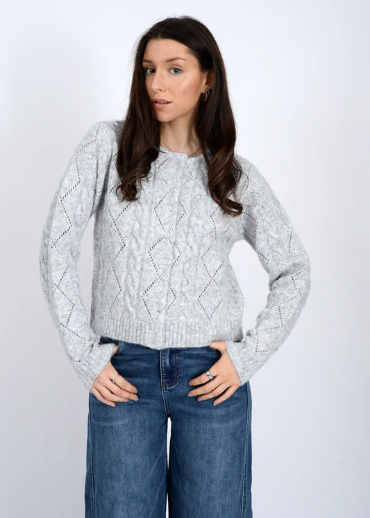 Jocasta Long Sleeve Crew Neck Cardigan in grey cloud by RD