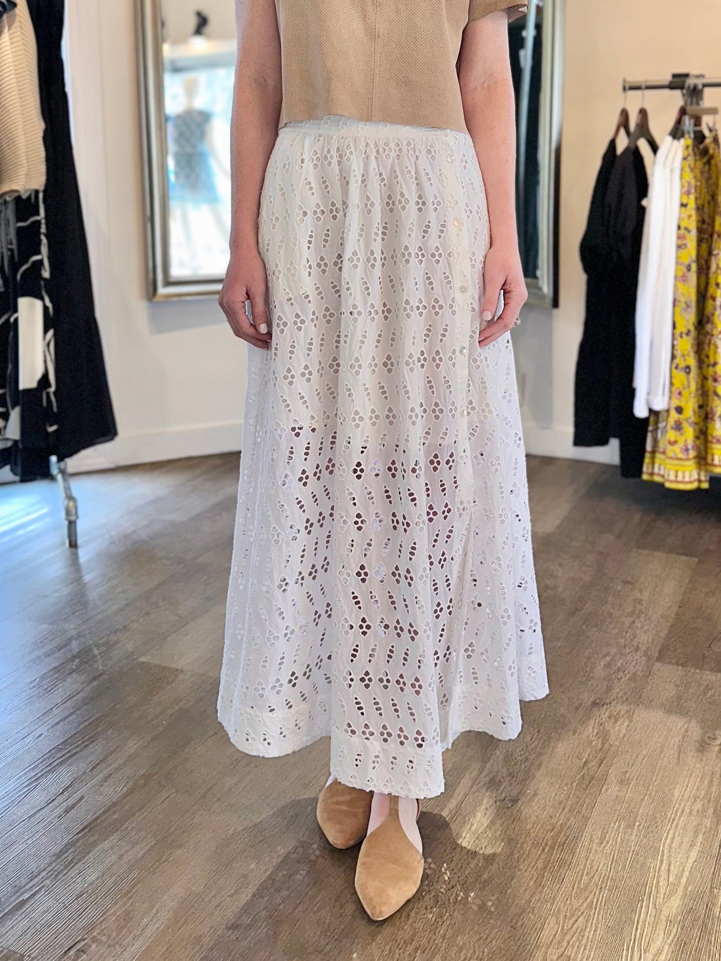 Eyelet Side Button Maxi Skirt in white by Lilla P