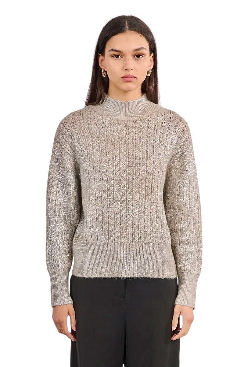 Cable Knit Mock Neck Sweater in beige by Molly Bracken