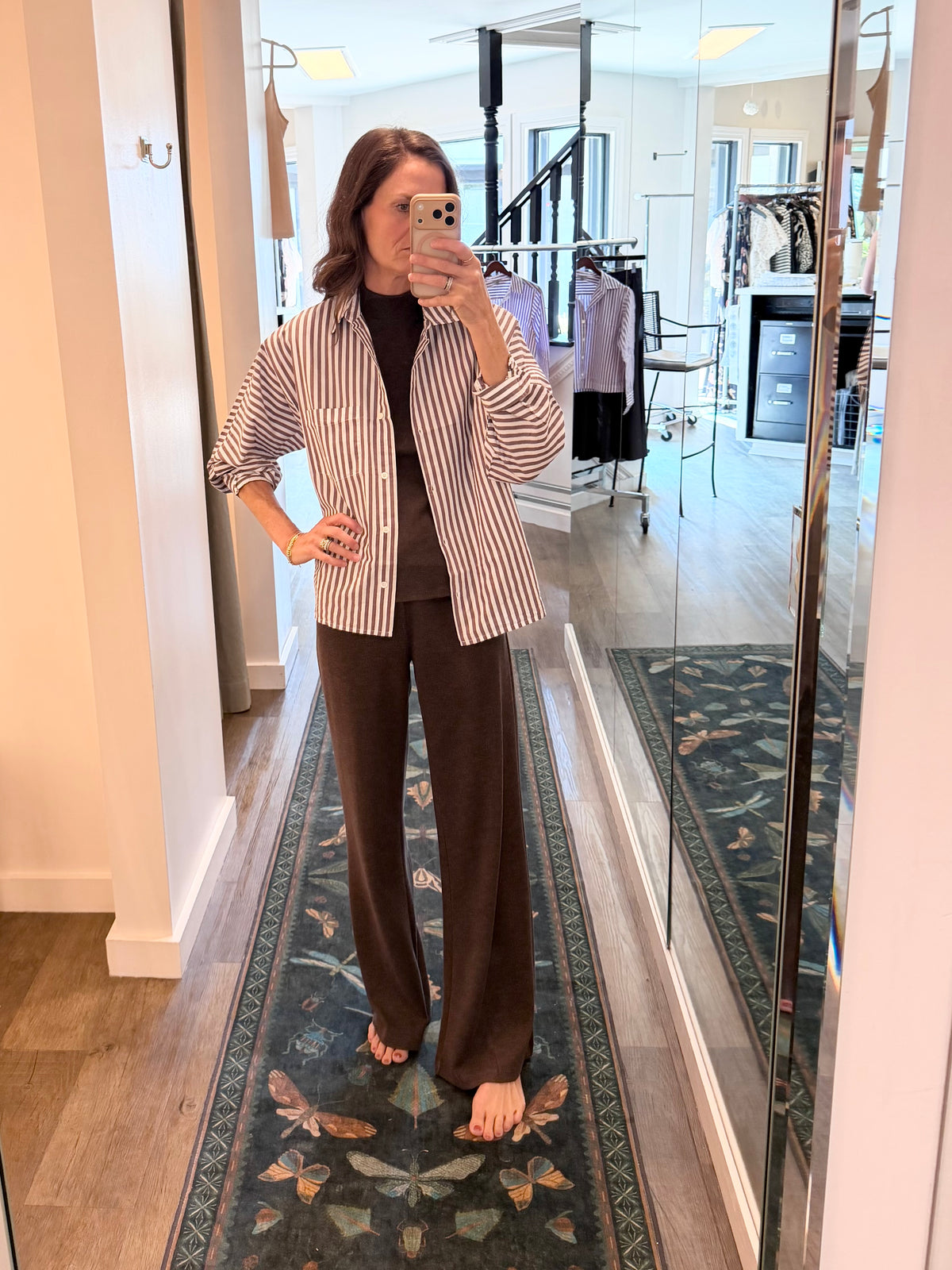 Dolman Sleeve Button Down Shirt in chestnut stripe by Lilla P