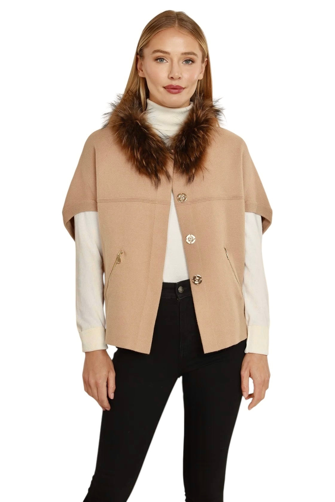 Natural Fur Trimmed Cardigan Poncho in camel by Dolce Cabo
