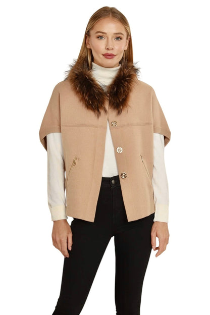 Natural Fur Trimmed Cardigan Poncho in camel by Dolce Cabo