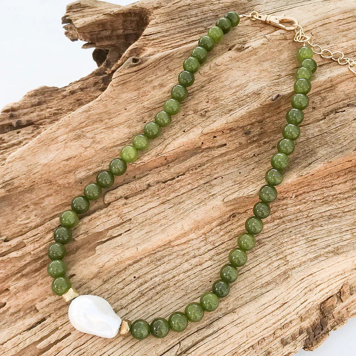 The Kamryn Gemstone Pearl Necklace in olive cateye by Virtue