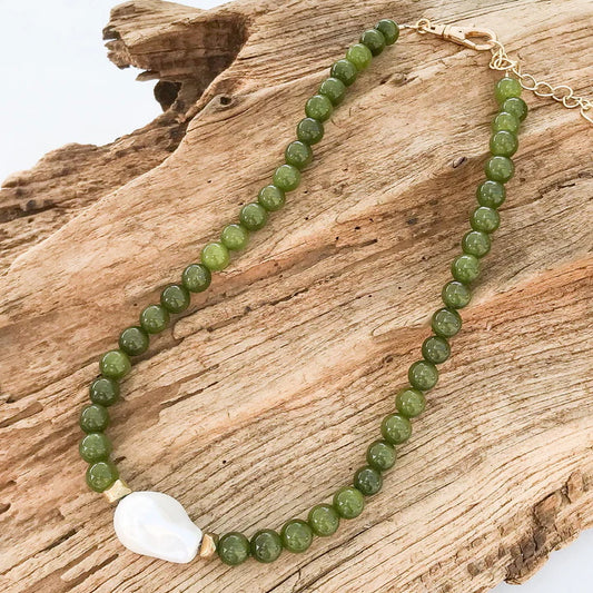 The Kamryn Gemstone Pearl Necklace in olive cateye by Virtue