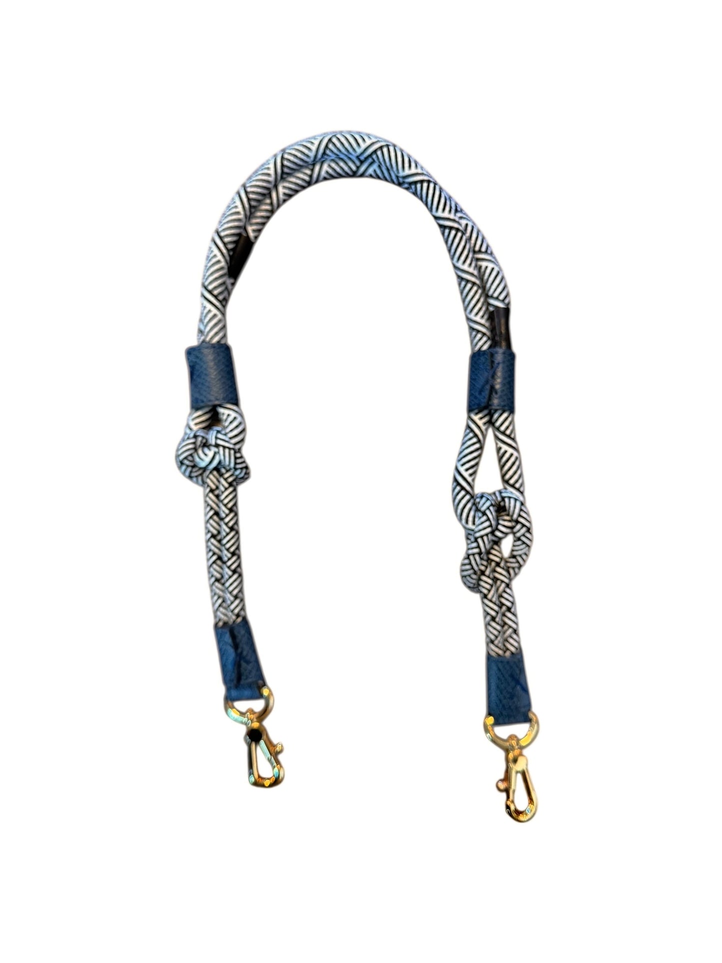 Braided Nylon Strap in black & white rope with dark blue reticulated leather