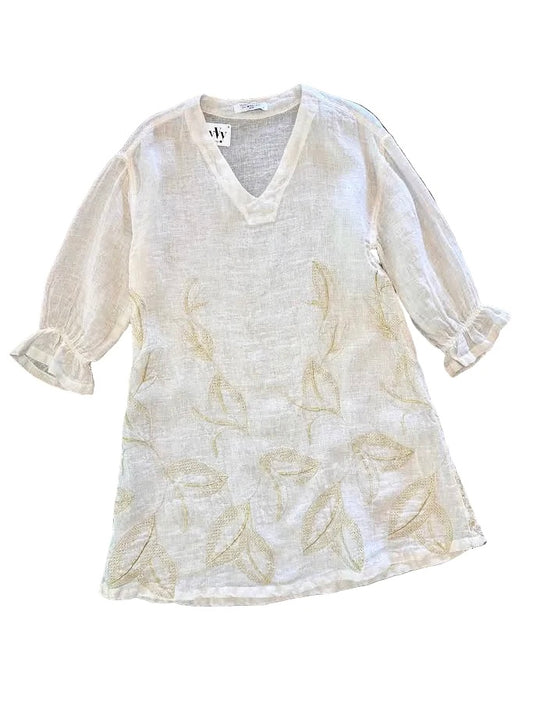 Embroidered Linen Dress in ecru/gold by Haris Cotton