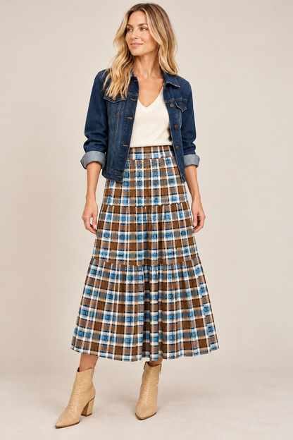 Maggie Skirt in brown plaid by Navy Bleu