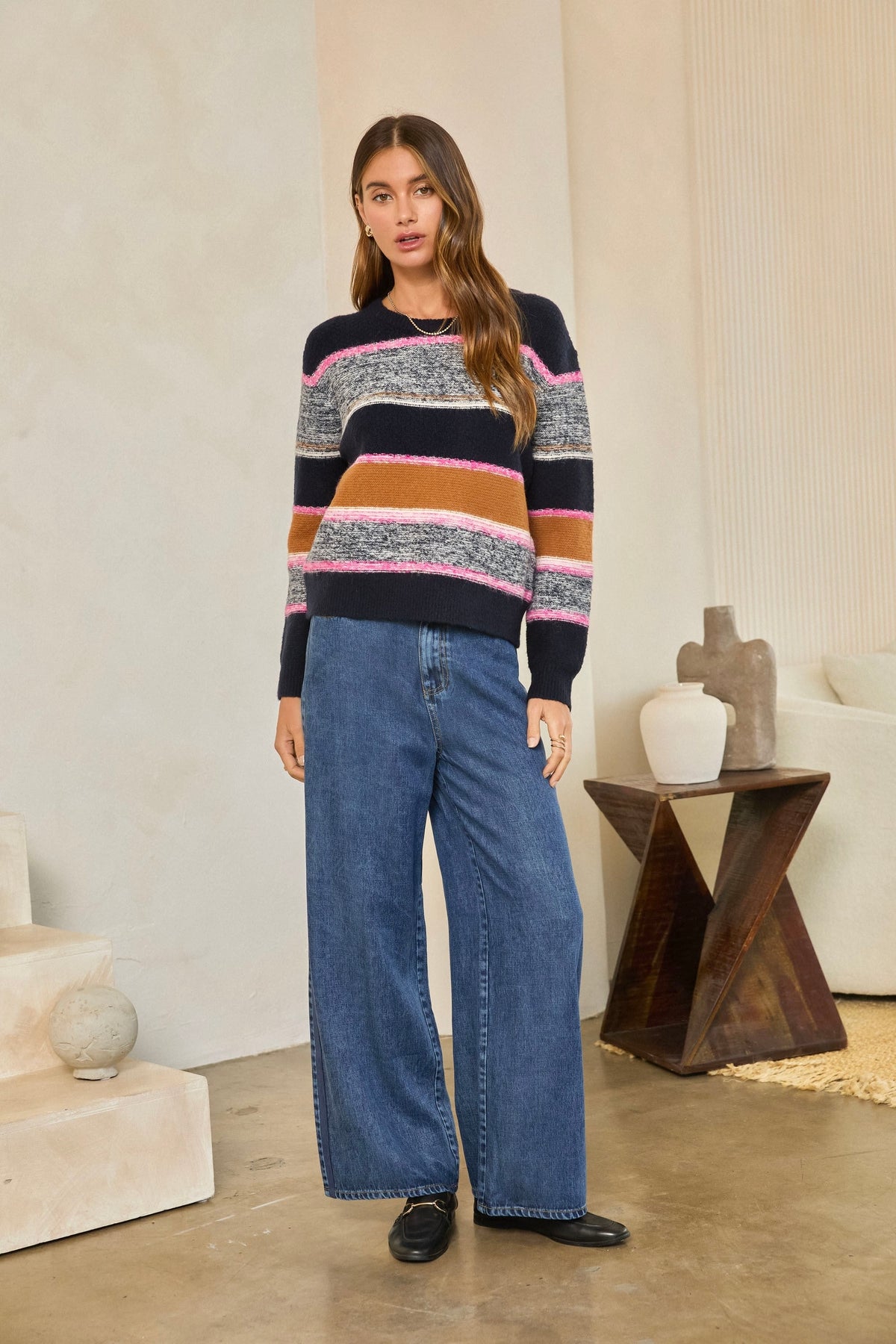 Marled Color Block Sweater in navy/pink by Skies Are Blue