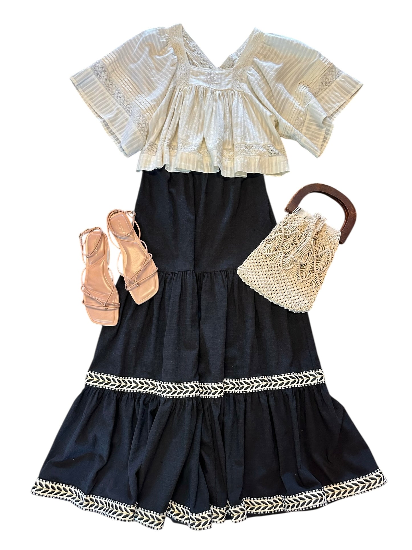 Long Skirt with Ruffles & Embroidery in black by NKN