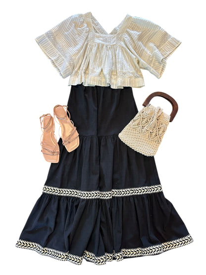 Long Skirt with Ruffles & Embroidery in black by NKN