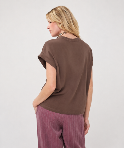 Roll Up Sleeve Satin Top in cacao by Esqualo