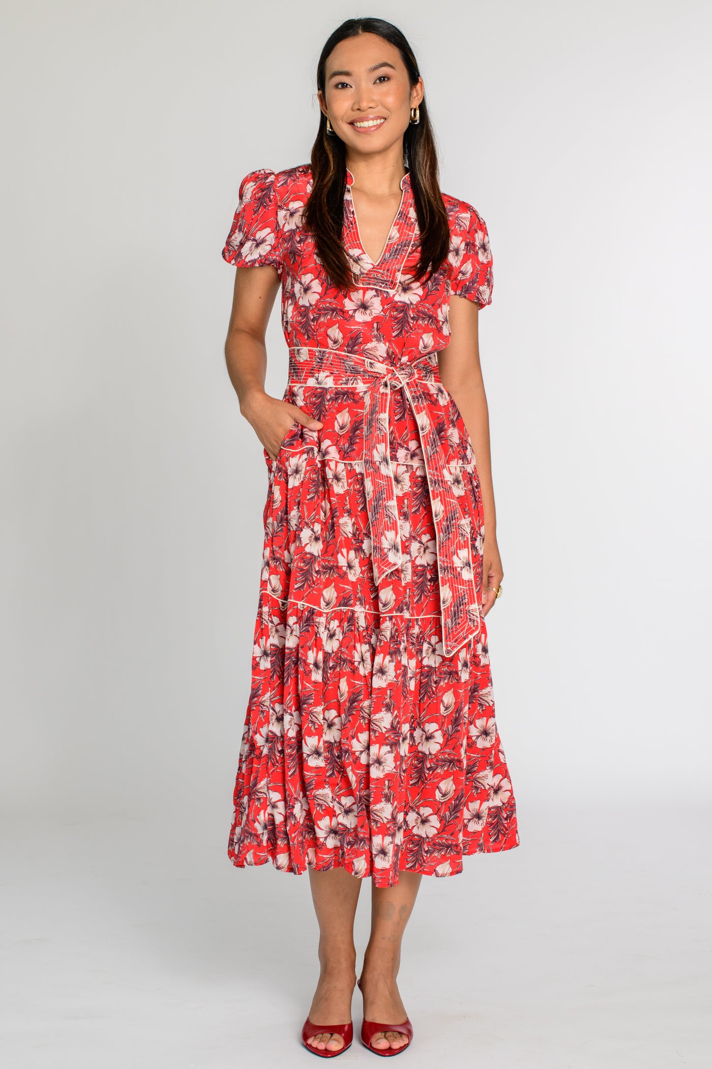 Elizabeth James floral printed midi dress front view