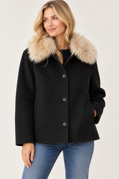 Clara Fur-Trimmed Melton Coat in black by Dylan