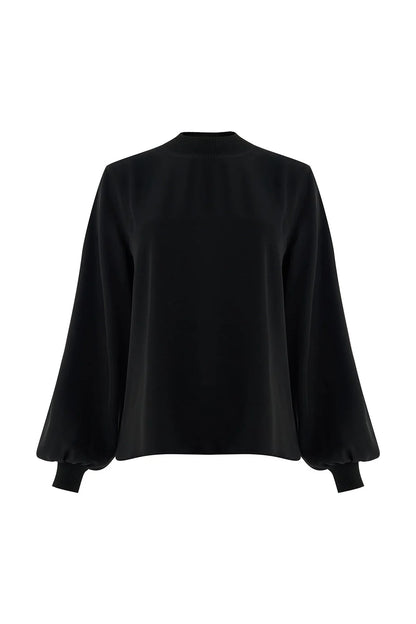 Joelle Long Sleeve High Neck Blouse in black by Exquise