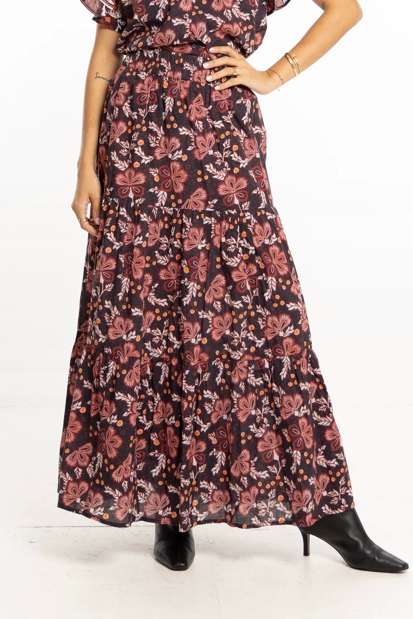 Ariana Printed Maxi Skirt in black floral by Bindu
