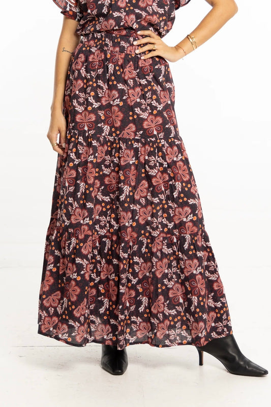Ariana Printed Maxi Skirt in black floral by Bindu