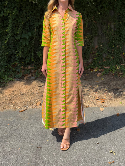 Eloise Maxi Dress in yellow bagru triangle sunrise by Beau & Ro