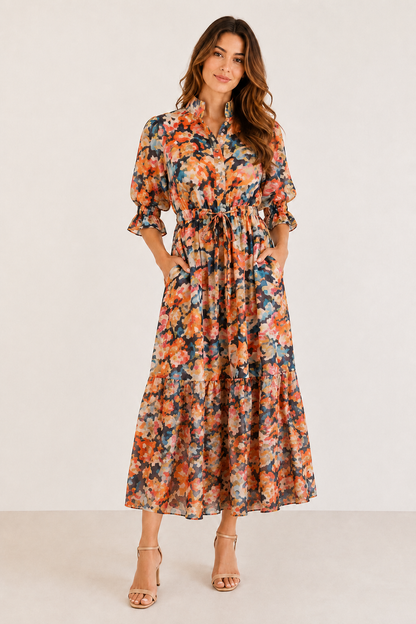 Catherine Georgette Lurex Dress in turquoise flora by Holly Shae