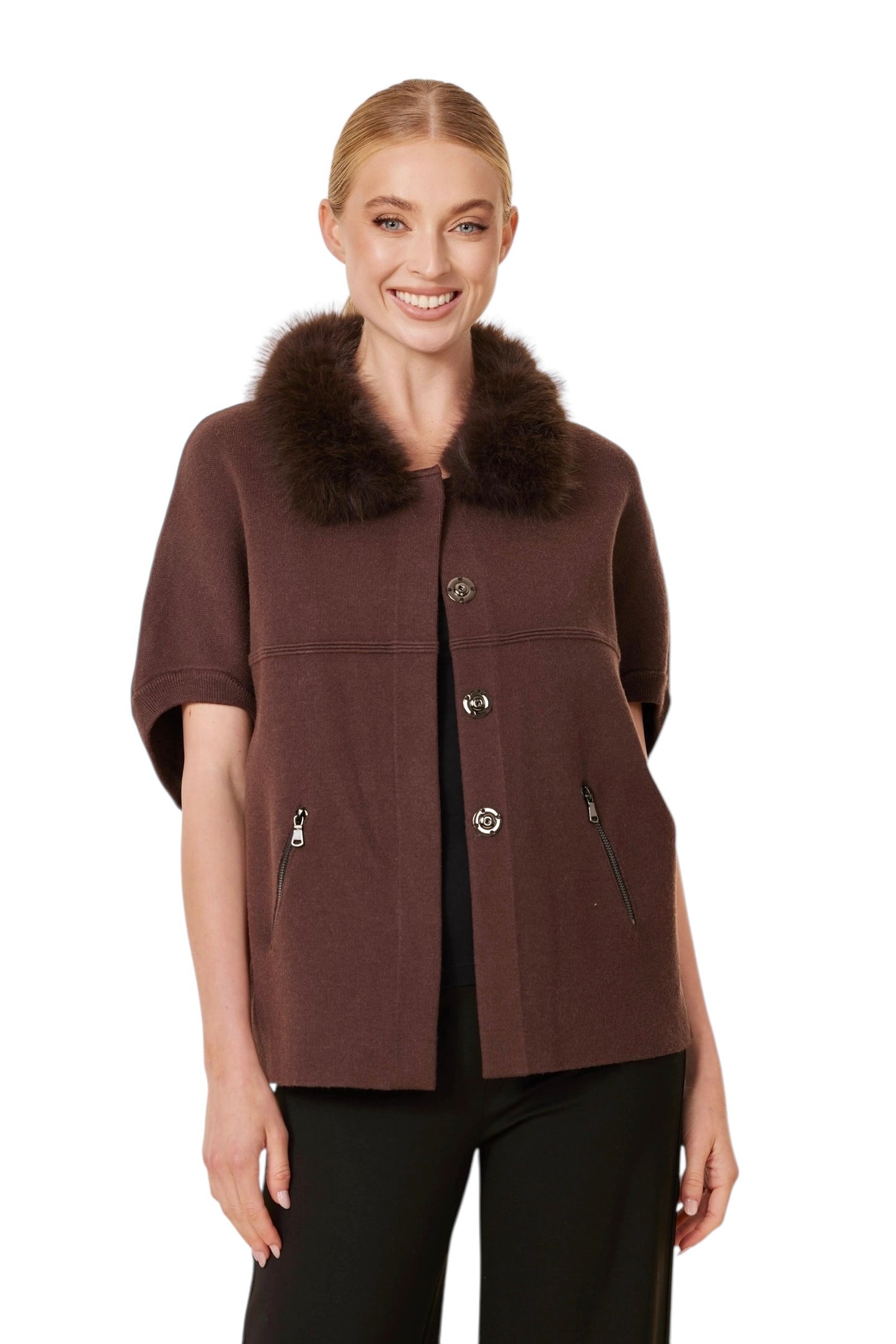 Faux Fur Trimmed Cardigan Poncho in espresso by Dolce Cabo
