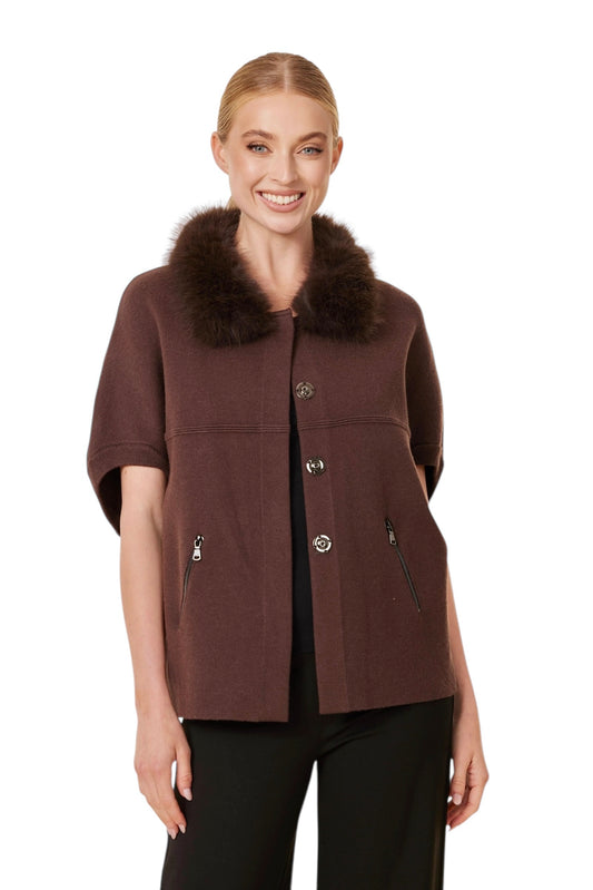 Faux Fur Trimmed Cardigan Poncho in espresso by Dolce Cabo