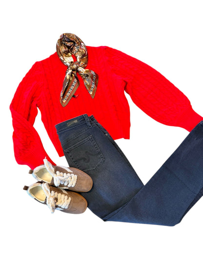 Ashtyn Cable Knit Balloon Sleeve Crop Sweater in red