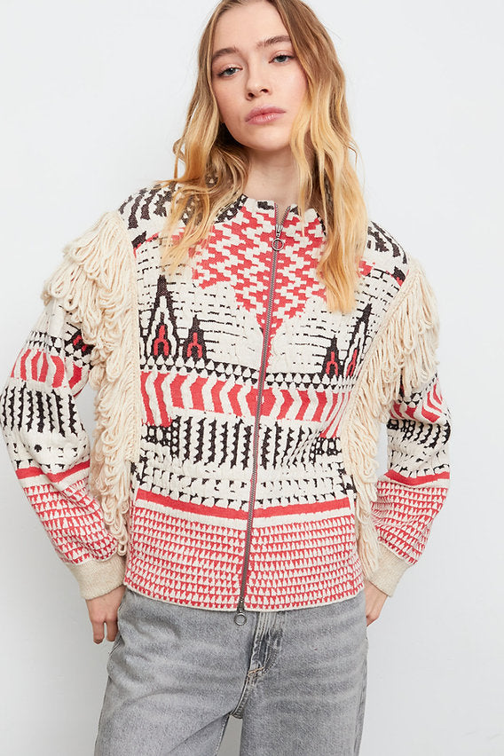 Cantos Textured Fringe Sweater Jacket in red by Aldo Martins