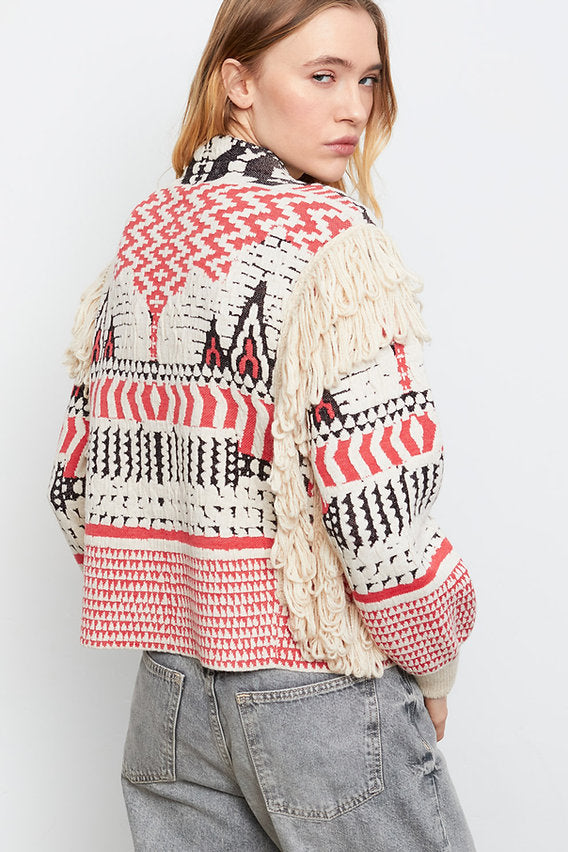 Cantos Textured Fringe Sweater Jacket in red by Aldo Martins