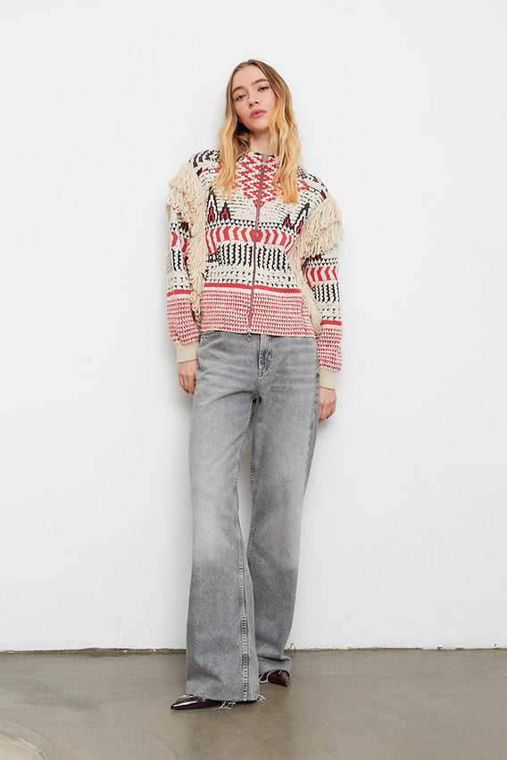 Cantos Textured Fringe Sweater Jacket in red by Aldo Martins