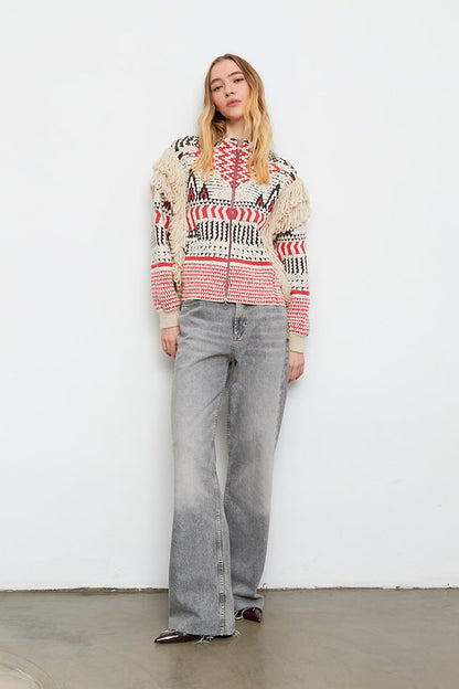 Cantos Textured Fringe Sweater Jacket in red by Aldo Martins