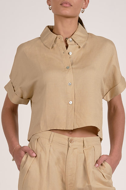 Short Sleeve Button Down Top in oatmeal by Elan