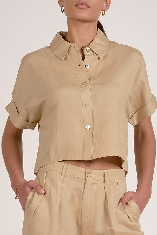 Short Sleeve Button Down Top in oatmeal by Elan